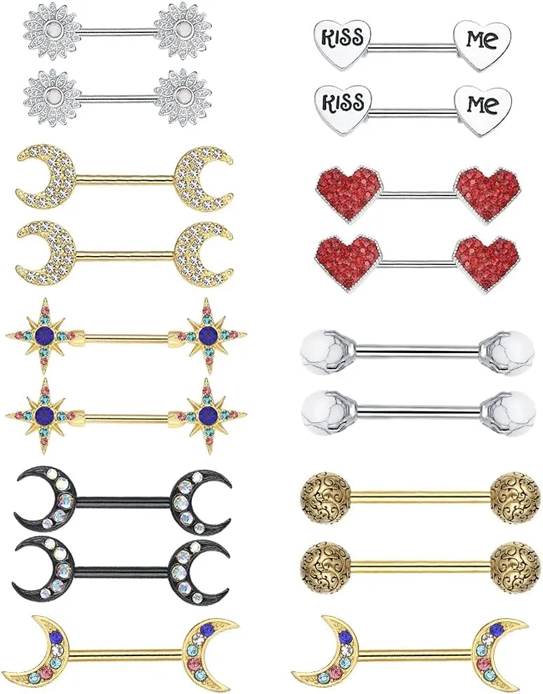 WASOLIE 7Pairs Cute Stainless Steel Nipple Rings Barbell Piercing Nipple Tongue Rings 14G.