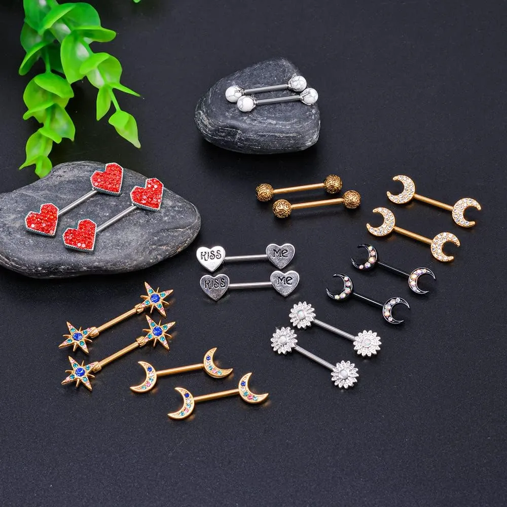 WASOLIE 7Pairs Cute Stainless Steel Nipple Rings Barbell Piercing Nipple Tongue Rings 14G.