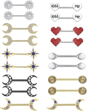 WASOLIE 7Pairs Cute Stainless Steel Nipple Rings Barbell Piercing Nipple Tongue Rings 14G.