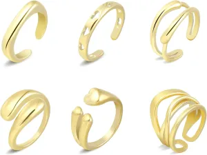wgoud 6PCS Dome Chunky Gold Rings for Women Waterproof, 14K Gold Plated Braided Twisted Stackable Signet Rings, Adjustable Open Ring Band Statement Jewelry Gift