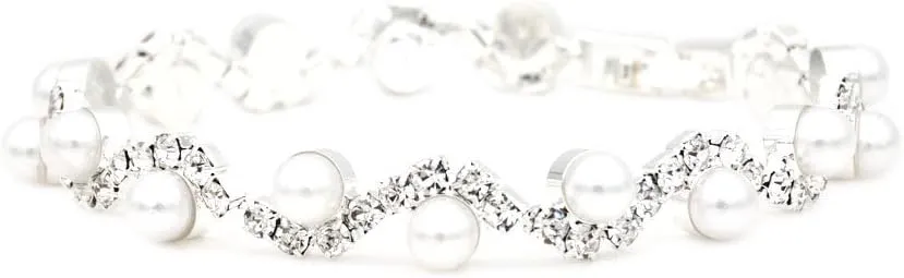 Womens 4mm Faux Pearl Wave Link Bracelet Silver Tone Rhinestone Bracelets Ladies