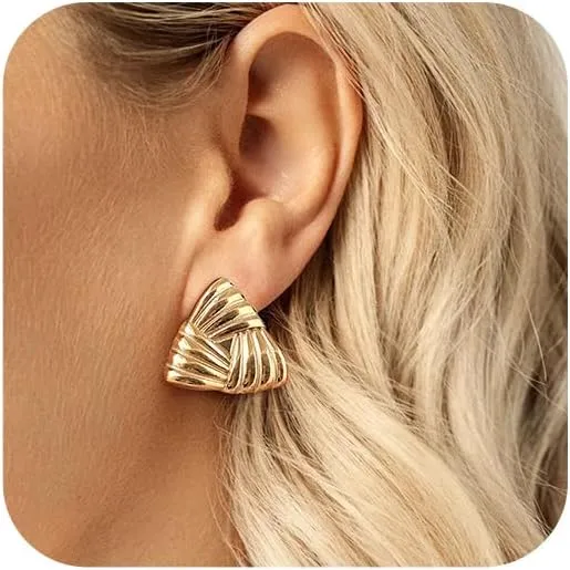 Women's Chunky Gold Studs Earrings- 14K Gold Plated Stud Lightweight Earring,Non Tarnish Stainless Steel Statement Ear Ring,Hypoallergenic Trendy Jewelry Textured Studs,Valentines Day Gifts for Her