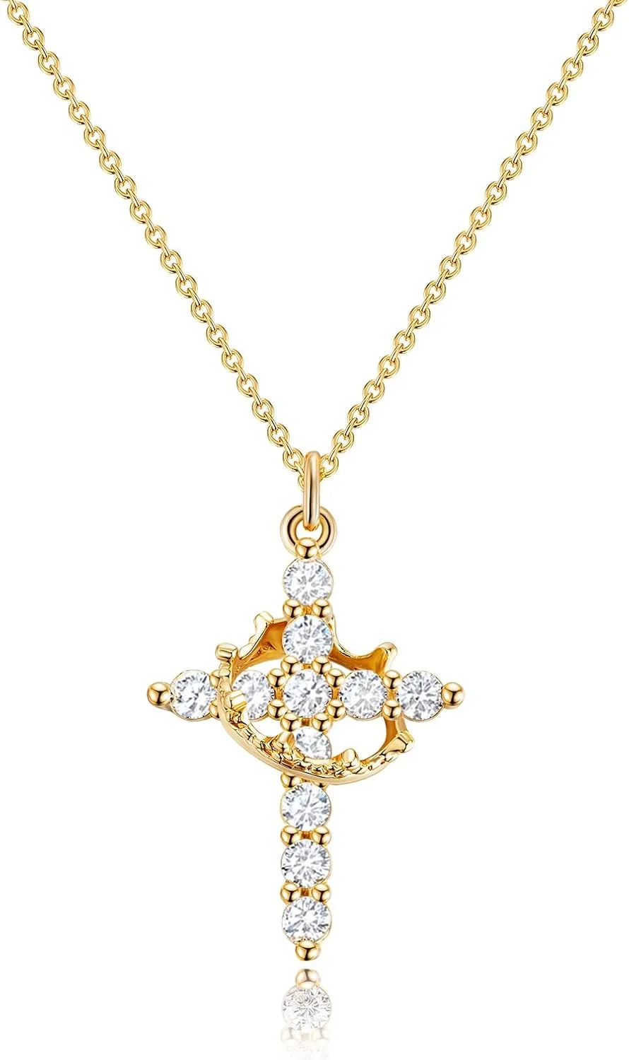 Women's Gifts Upgraded Crown Cross Necklace for Women 14K Gold Plated Crown Cross Pendant Necklace Simple Diamond Gold Necklaces Faith Cross Jewelry First Communion Necklace