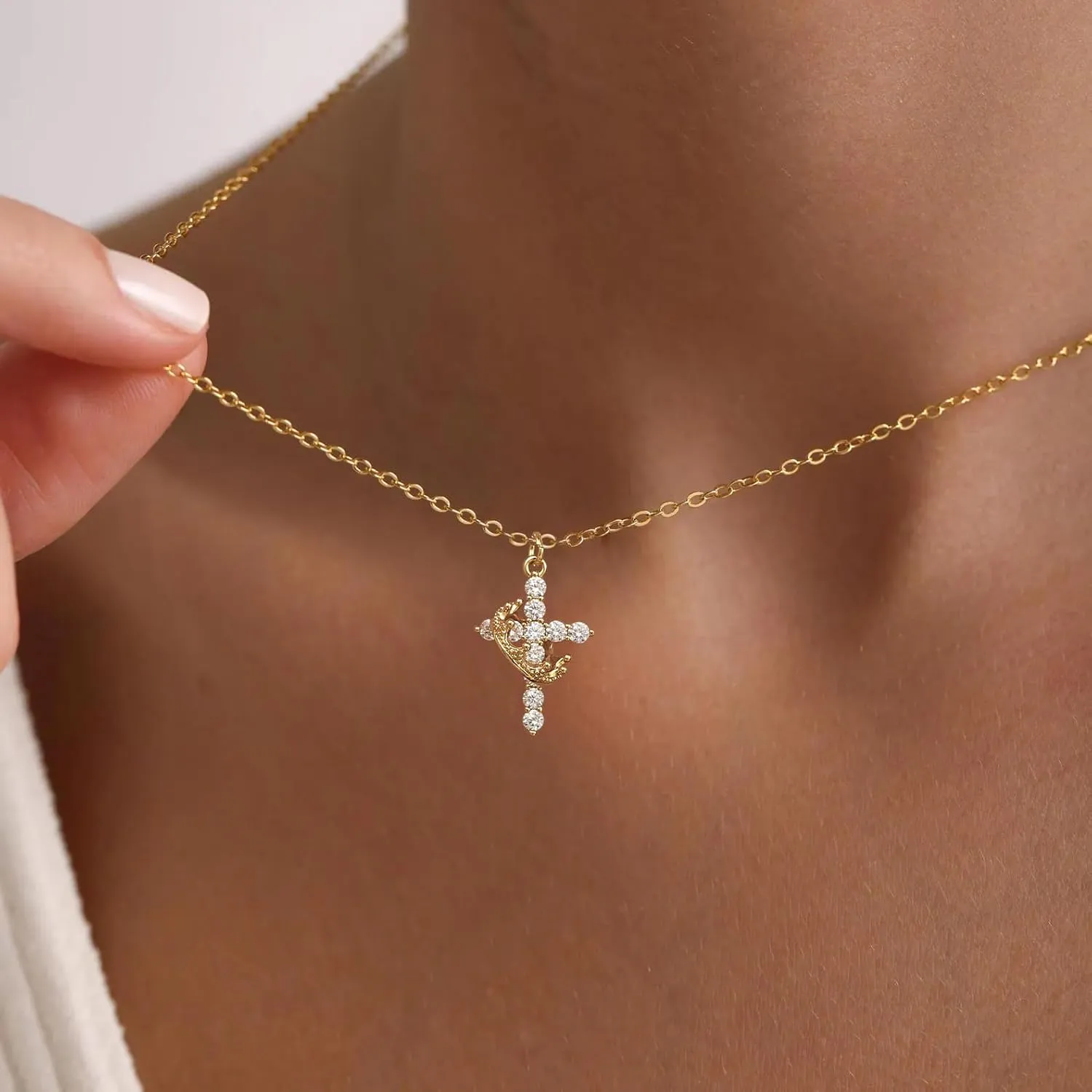 Women's Gifts Upgraded Crown Cross Necklace for Women 14K Gold Plated Crown Cross Pendant Necklace Simple Diamond Gold Necklaces Faith Cross Jewelry First Communion Necklace