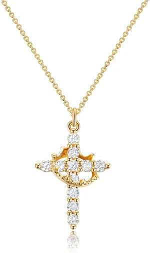 Women's Gifts Upgraded Crown Cross Necklace for Women 14K Gold Plated Crown Cross Pendant Necklace Simple Diamond Gold Necklaces Faith Cross Jewelry First Communion Necklace