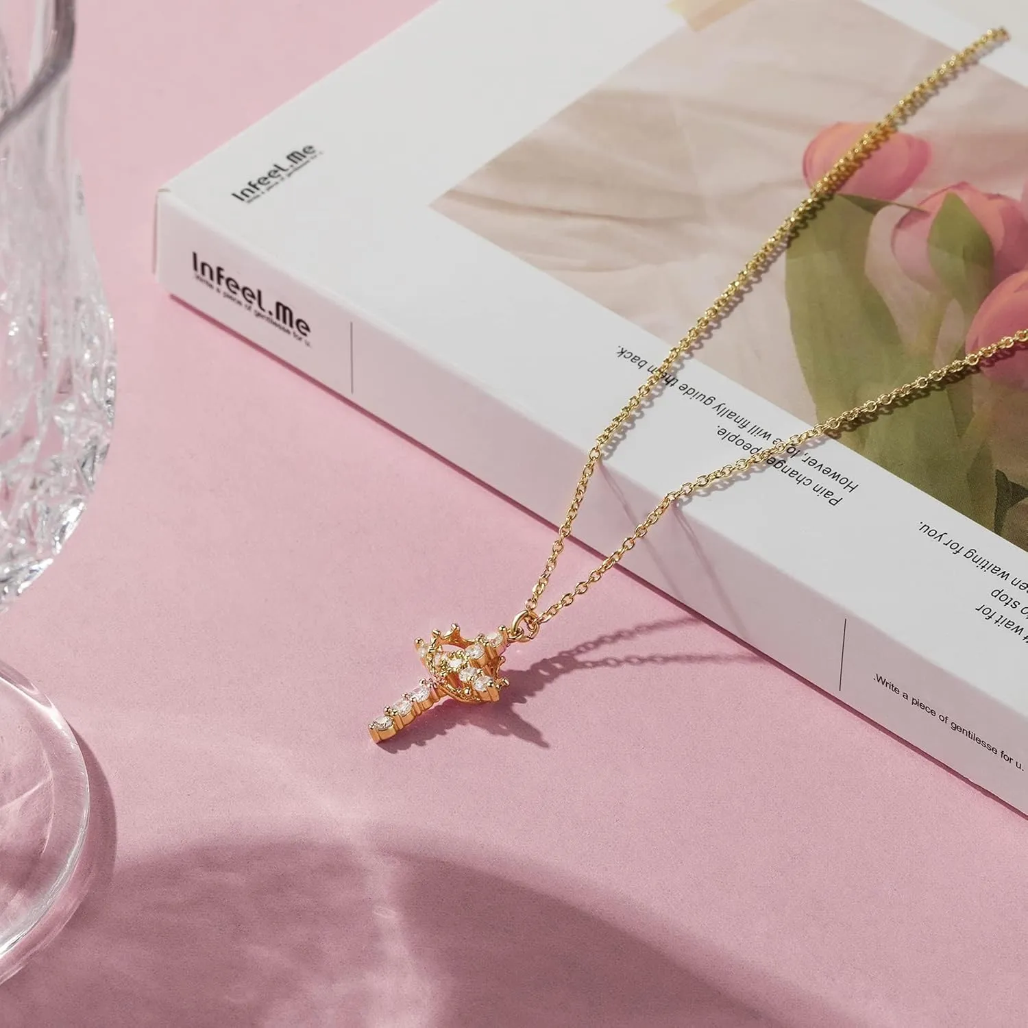Women's Gifts Upgraded Crown Cross Necklace for Women 14K Gold Plated Crown Cross Pendant Necklace Simple Diamond Gold Necklaces Faith Cross Jewelry First Communion Necklace