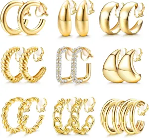 YADOCA 9 Pairs Gold Clip on Earrings for Women 14K Gold Plated Waterdrop Chunky Clip on Hoop Earrings No Piercing Fake Earrings Set