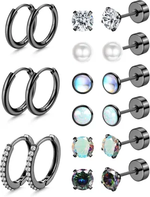 YADOCA Small Hypoallergenic Surgical Steel Earrings for Sensitive Ears - Flat Back Earrings for Women Men - 20G Tiny Cubic Zirconia Opal Hoop Studs - FlatBack Stud Cartilage Earring Sets for Multiple Piercing