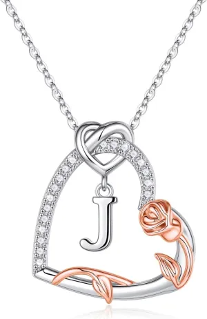Yesteel Rose Heart Initial Necklaces Gifts for Women Teen Girls, Silver Plated Heart Initial Letter Pendant Necklace Jewelry Valentines Mothers Gifts for Her Girlfriend Wife Mom