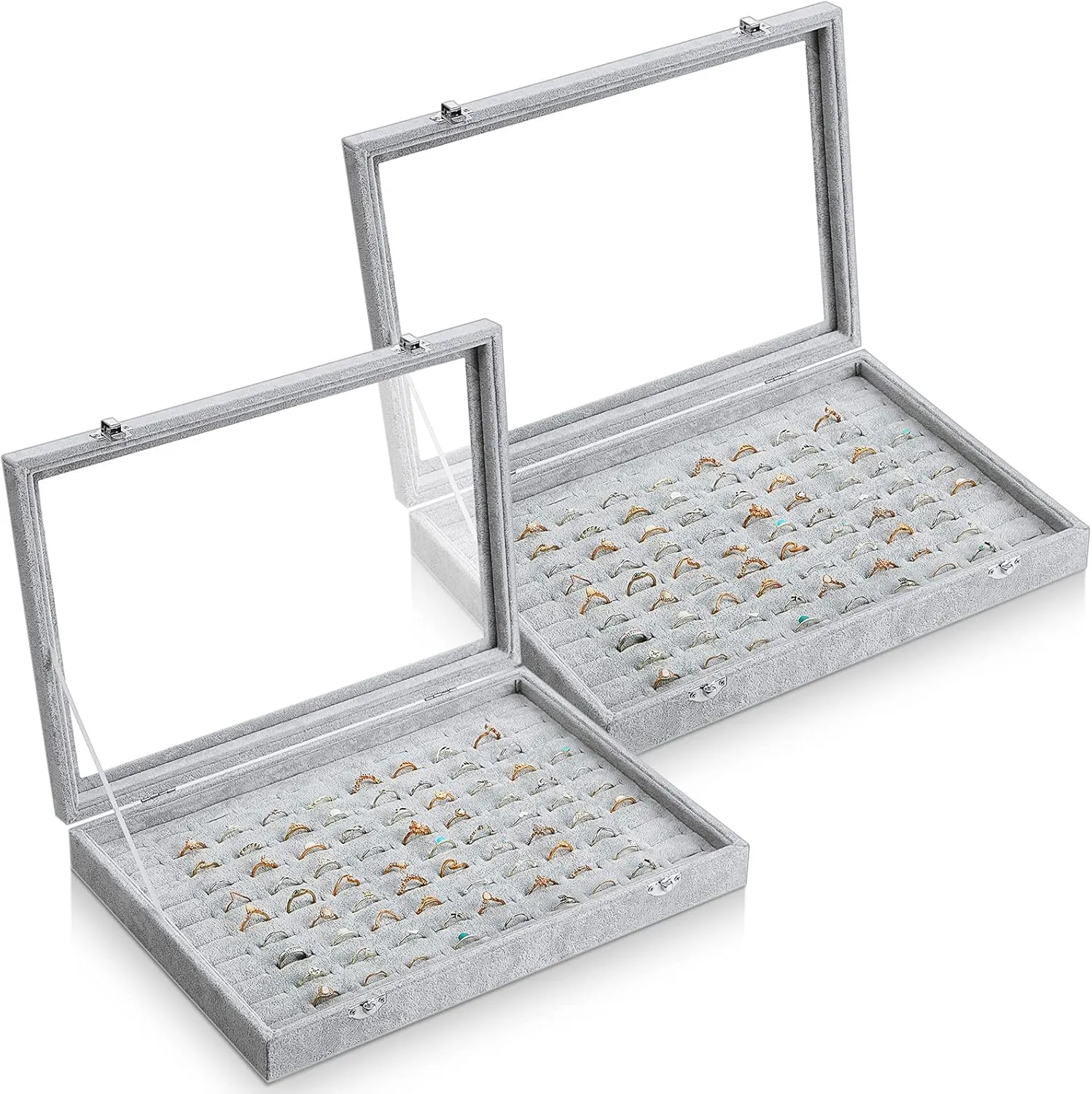 Yinkin 2 Pcs 100 Slots Ring Organizer Box with Transparent Glass Lid Necklace Display Tray Ring Case Velvet Jewelry Holder (Gray)