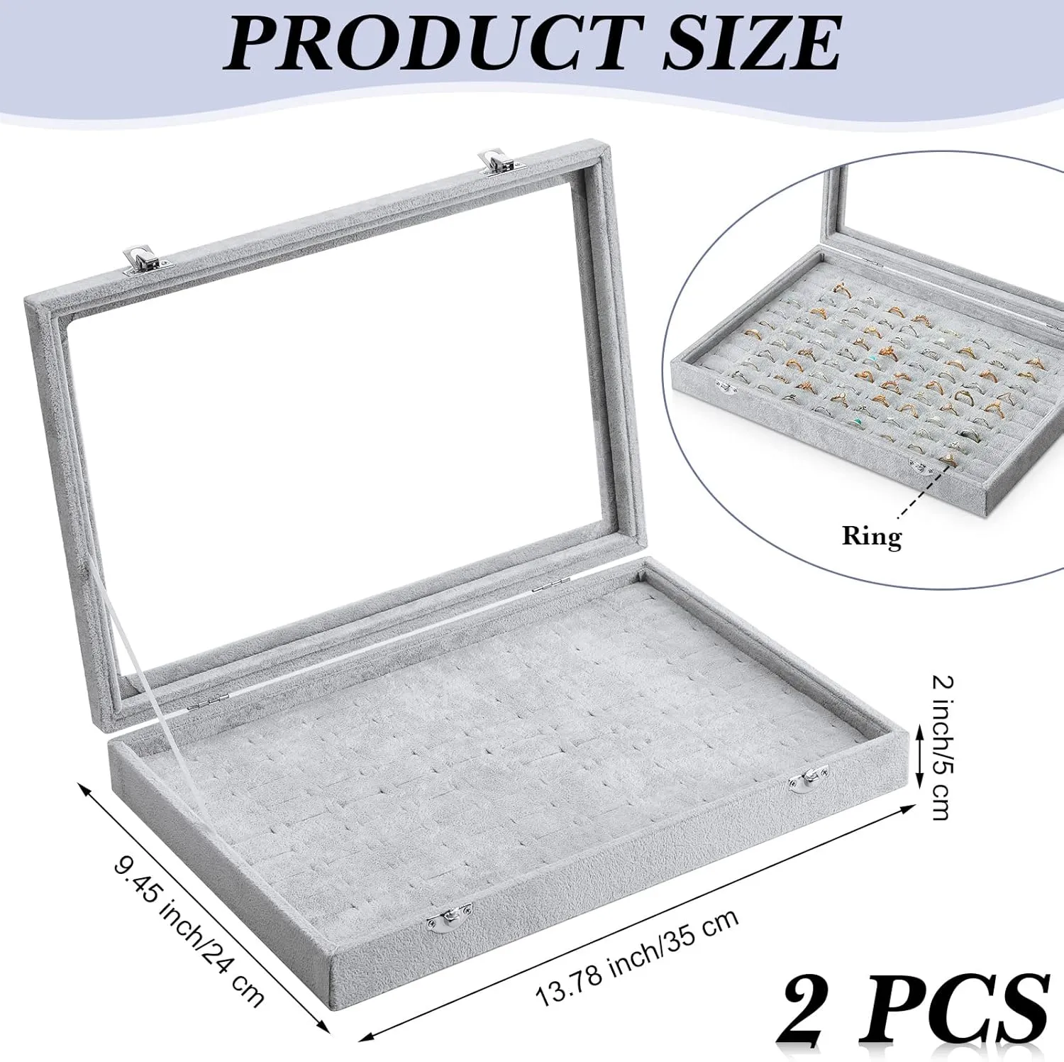 Yinkin 2 Pcs 100 Slots Ring Organizer Box with Transparent Glass Lid Necklace Display Tray Ring Case Velvet Jewelry Holder (Gray)