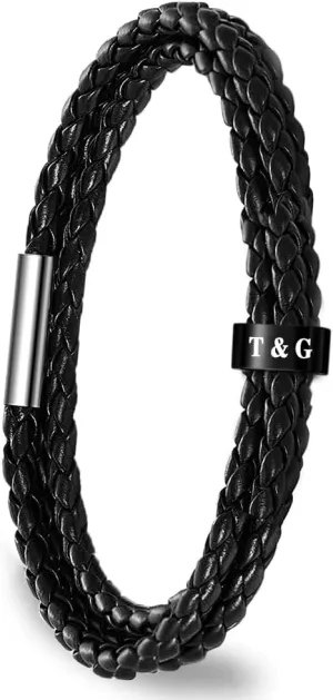Yoke Style Fathers Day Dad Gifts from Daughter Son Personalized Mens Leather Bracelet, Custom Black Name Bracelets for Men, Customized Engraved ID Bracelets Birthday Gifts for Men Boyfriend