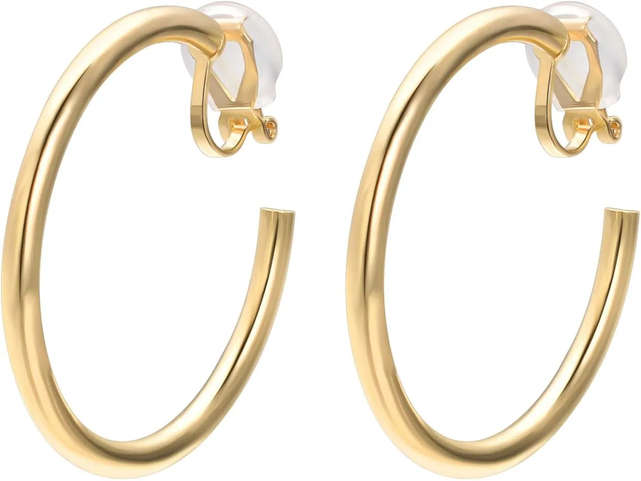 Yoursfs Silver/Gold Clip Thick Hoop Earrings For Women Clip On Platinum Plated Non Pierced Ears 35mm Large Earring