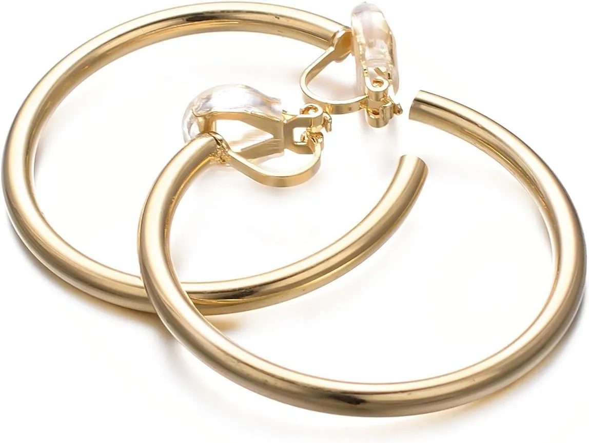 Yoursfs Silver/Gold Clip Thick Hoop Earrings For Women Clip On Platinum Plated Non Pierced Ears 35mm Large Earring