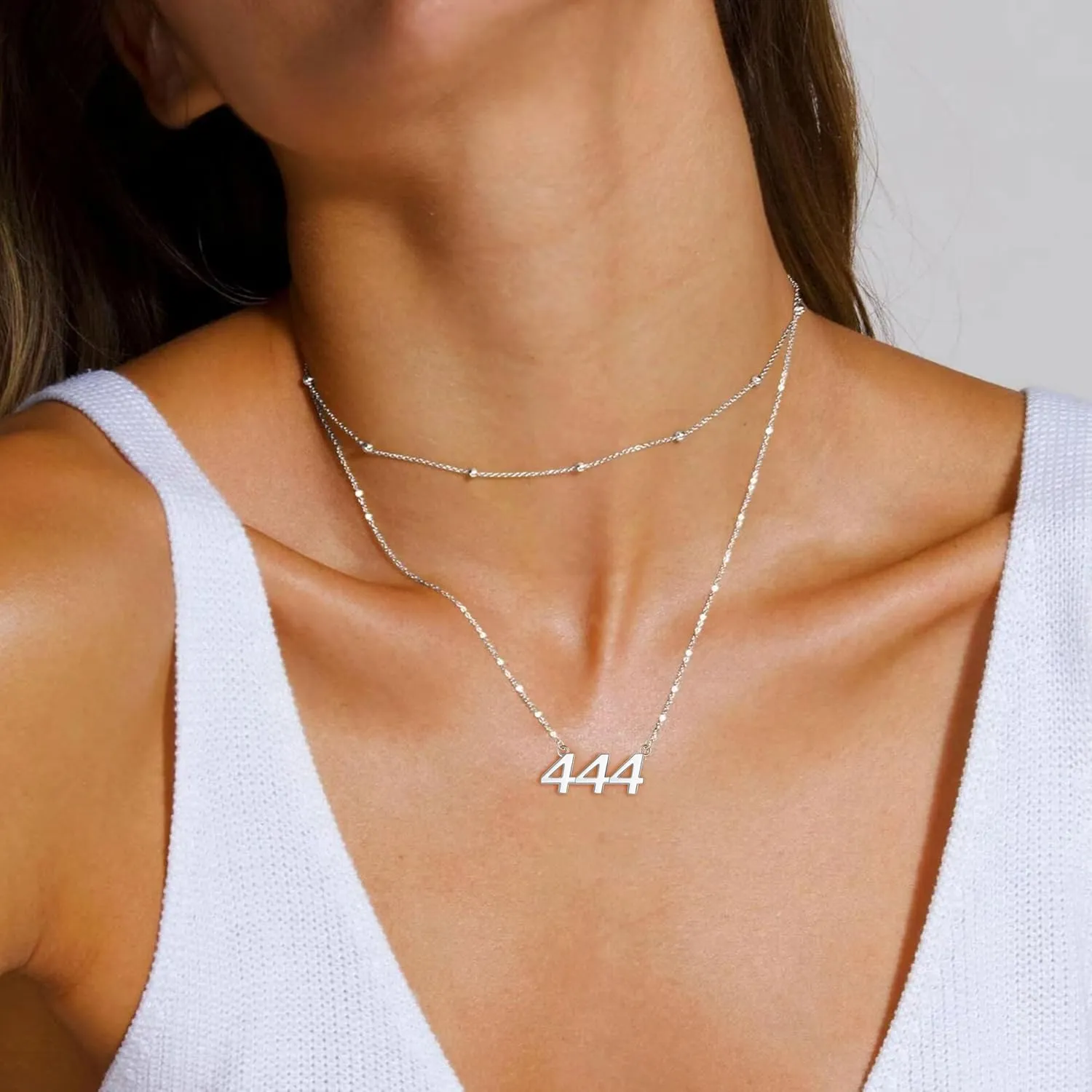 ZOEXUE S925 Sterling Silver/18k Gold 444 Angel Number Necklace Layering for Women Gold 444 Pendant Choker Chain Necklace Inspirational Numerology Jewelry Gift for Her